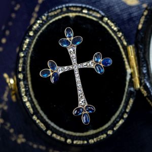 Vintage Two Tone Oval Cut Blue & White Sapphire Brooch