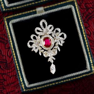 Art Deco Two Tone Cushion Cut Ruby Sapphire Brooch