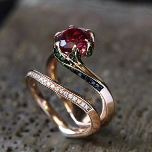 Unique Rose Gold Round Cut Ruby Bridal Set for women