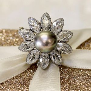 Art Deco Gray Pearl & White Sapphire Marquise Cut Brooch