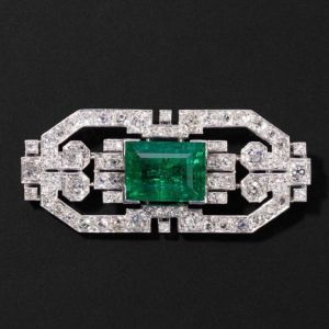 Vintage Emerald & White Sapphire Emerald Cut Brooch 