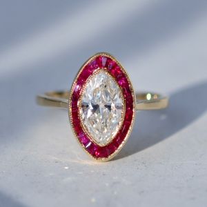 Vintage Halo White & Ruby Sapphire Marquise Cut Golden Engagement Ring