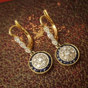 Art Deco White & Blue Sapphire Round Cut Drop Earrings