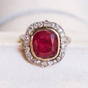 Art Deco Halo Ruby Sapphire Cushion Cut Engagement Ring For Women