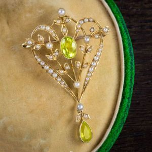 Art Deco Oval & Pear Cut Peridot Sapphire Brooch