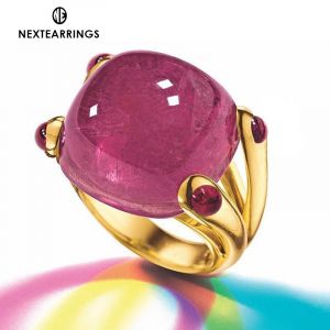 Golden Red Sapphire Cushion Cut Split Shank Engagement Ring