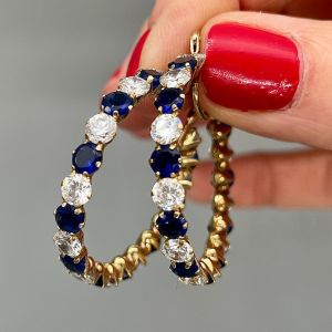 Classic Golden Blue & White Sapphire Round Cut Hoop Earrings