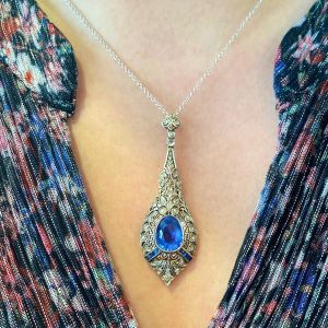 Vintage Bezel Blue Sapphire Pear Cut Pendant Necklace For Women