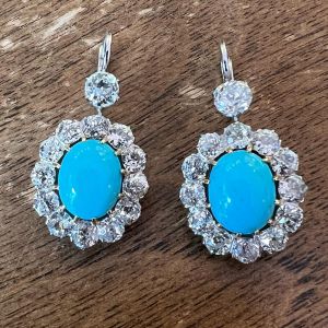 Vintage Turquoises & White Sapphire Oval Cut Drop Earrings