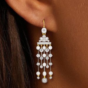 Vintage Two Tone White Sapphire & Pearl Round Cut Drop Prom Earrings For Women