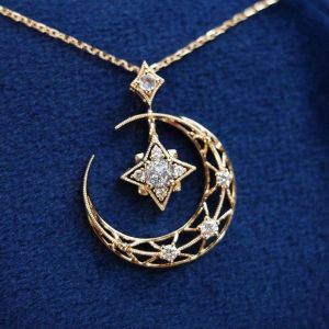 Star & Moon Design White Sapphire Round Cut Pendant Necklace