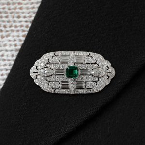 Art Deco Emerald & White Sapphire Asscher Cut Brooch For Women 