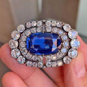 Vintage Double Halo Blue & White Sapphire Cushion Cut Brooch