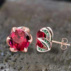 Unique Rose Gold Ruby Sapphire Round Cut Stud Earrings For Women