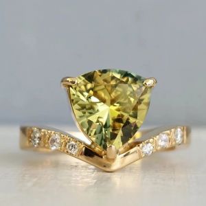 Unique Golden Peridot Sapphire Triangle Cut Engagement Ring