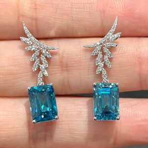 Unique Aquamarine Sapphire Emerald Cut Drop Earrings For Women
