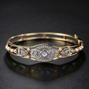 Nextearrings Art Deco Two Tone White Sapphire & Pearl Round Cut Bangle Bracelet For Women