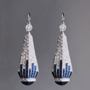 Art Deco Blue & White Sapphire Cabochon Cut Drop Earrings For Women