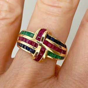 Golden Unique Ruby & Blue & Emerald Sapphire Asscher Cut Wedding Band