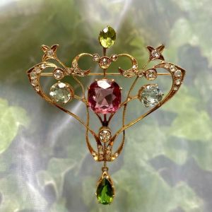 Art Deco Golden Red Sapphire Cushion Cut Brooch For Women