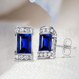 Vintage Blue Sapphire Emerald Cut Stud Earrings For Women
