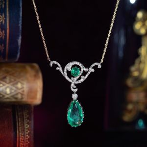 Two Tone Emerald Sapphire Pear Cut Pendant Necklace For Women
