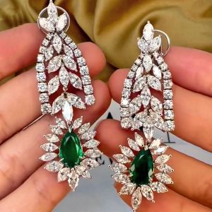 Emerald & White Sapphire Pear & Marquise Cut Drop Earrings For Women