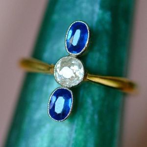 Three Stone Blue & White Sapphire Round & Oval Cut Engagement Ring For Women