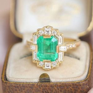 Golden Halo Emerald Sapphire Emerald Cut Engagement Ring For Women