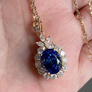 Golden Halo Blue & White Sapphire Oval Cut Pendant Necklace For Women