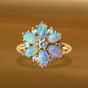 Golden White Sapphire & Opal Oval Cut Engagement Ring For Women