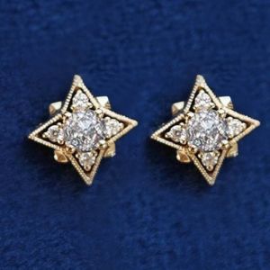 Golden Cute Star Design White Sapphire Round Cut Stud Earrings For Women
