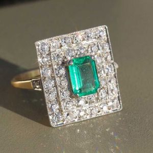 Vintage Double Halo Emerald & White Sapphire Emerald Cut Engagement Ring