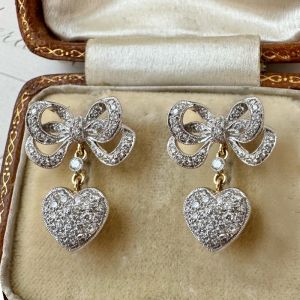Vintage Heart Design Pave Setting White Sapphire Round Cut Drop Erarings