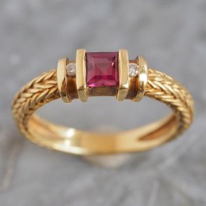Art Deco Three Stone Ruby Sapphire Asscher Cut Engagement Ring For Women