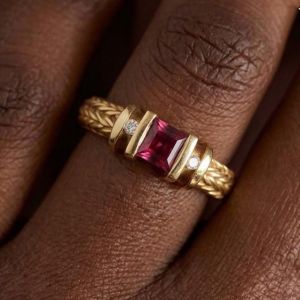 Nextearrings Golden Three Stone Ruby Sapphire Asscher Cut Engagement Ring