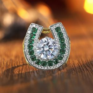 Vintage Horseshoe Design White & Emerald Sapphire Round Cut Engagement Ring