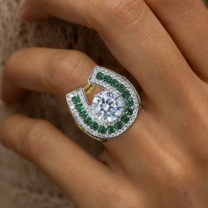 Vintage Horseshoe Design White & Emerald Sapphire Round Cut Engagement Ring
