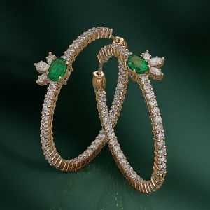 Golden Emerald & White Sapphire Oval Cut Hoop Earrings For Women