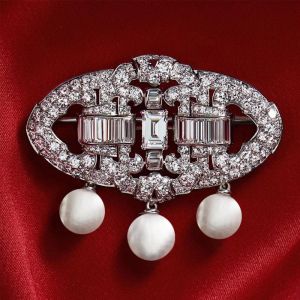 Art Deco White Sapphire & Pearl Baguette & Round Cut Brooch