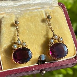 Antique Golden Red Sapphire & White Pearl Oval Cut Drop Earrings