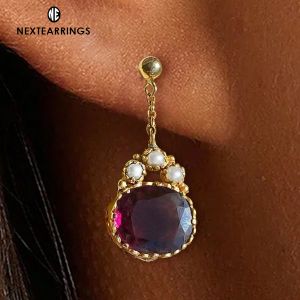 Art Deco Golden Red Sapphire & White Pearl Oval Cut Drop Earrings For Women