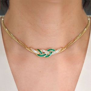 Golden Asscher Cut Emerald & White Sapphire Tennis Necklace For Women