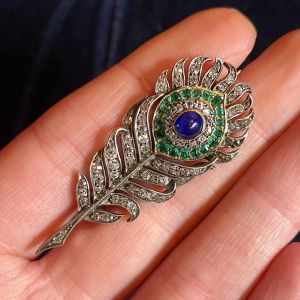 Vintage Two Tone Feather Design Emerald & Blue & White Sapphire Oval Cut Brooch
