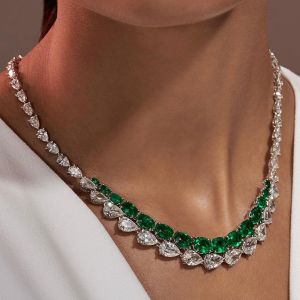 Unique Cushion & Pear Created Emerald & White Sapphire Tennis Necklace For Women