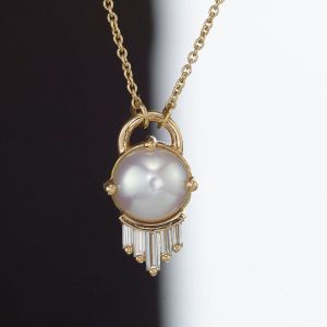 Art Deco White Pearl & Sapphire Round & Baguette Cut Pendant Necklace
