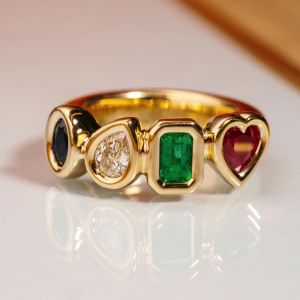 Golden Multi Cut Emerald & Ruby & White & Blue Sapphire Band
