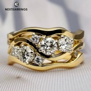 Golden Multi Row Round Cut White Sapphire Wedding Band Ring For Women