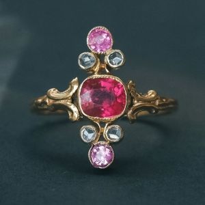 Art Deco Golden Cushion & Round Cut Ruby & Pink Sapphire Engagement Ring For Women