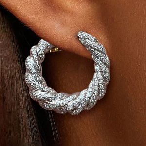 Two Tone Twisted Design Round Cut White Sapphire Hoop Earrings For Women